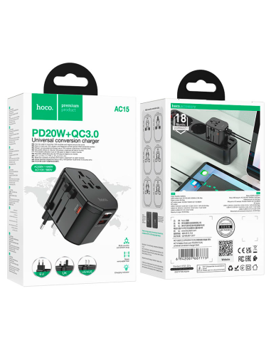 Adaptador Viajero Universal Hoco AC15 Walker Pd20w Negro