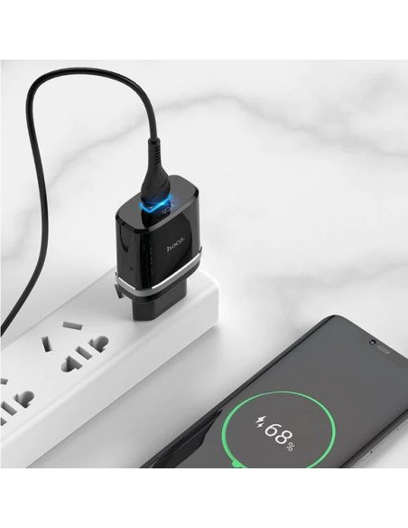 Cargador Hoco C12Q 18w Carga Rapida QC3.0 + Cable Usb Tipo C Negro