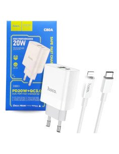 Cargador Carga Rápida Dual PD 20W Cable Lightning Hoco C80A