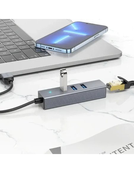 Hub Hoco Hb34 4 En 1 Usb A Rj45 Gigabit 1000mbps Plateado