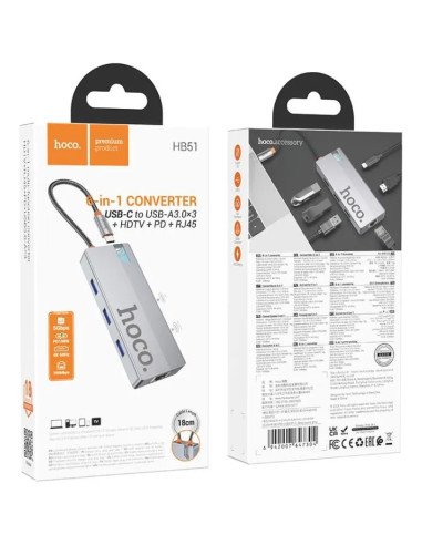 Adaptador Hub Hoco Hb51 Tipo C 6 En 1 Hdmi Usb Rj45 Gris