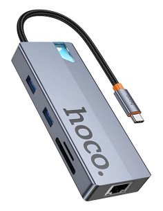 Adaptador Hub Hoco Hb52 Tipo C 8 En 1 Hdmi Usb Rj45 Gris