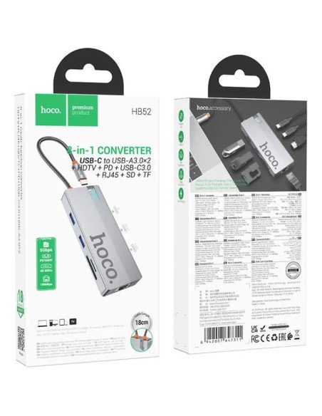 Adaptador Hub Hoco Hb52 Tipo C 8 En 1 Hdmi Usb Rj45 Gris