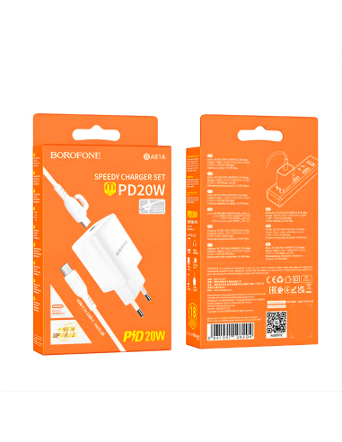 Cargador Borofone Ba81a Qc 3.0 Carga Rapida + Cable Tipo C Blanco
