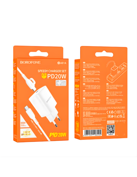 Cargador Borofone Ba81a Qc 3.0 Carga Rapida + Cable Tipo C Blanco